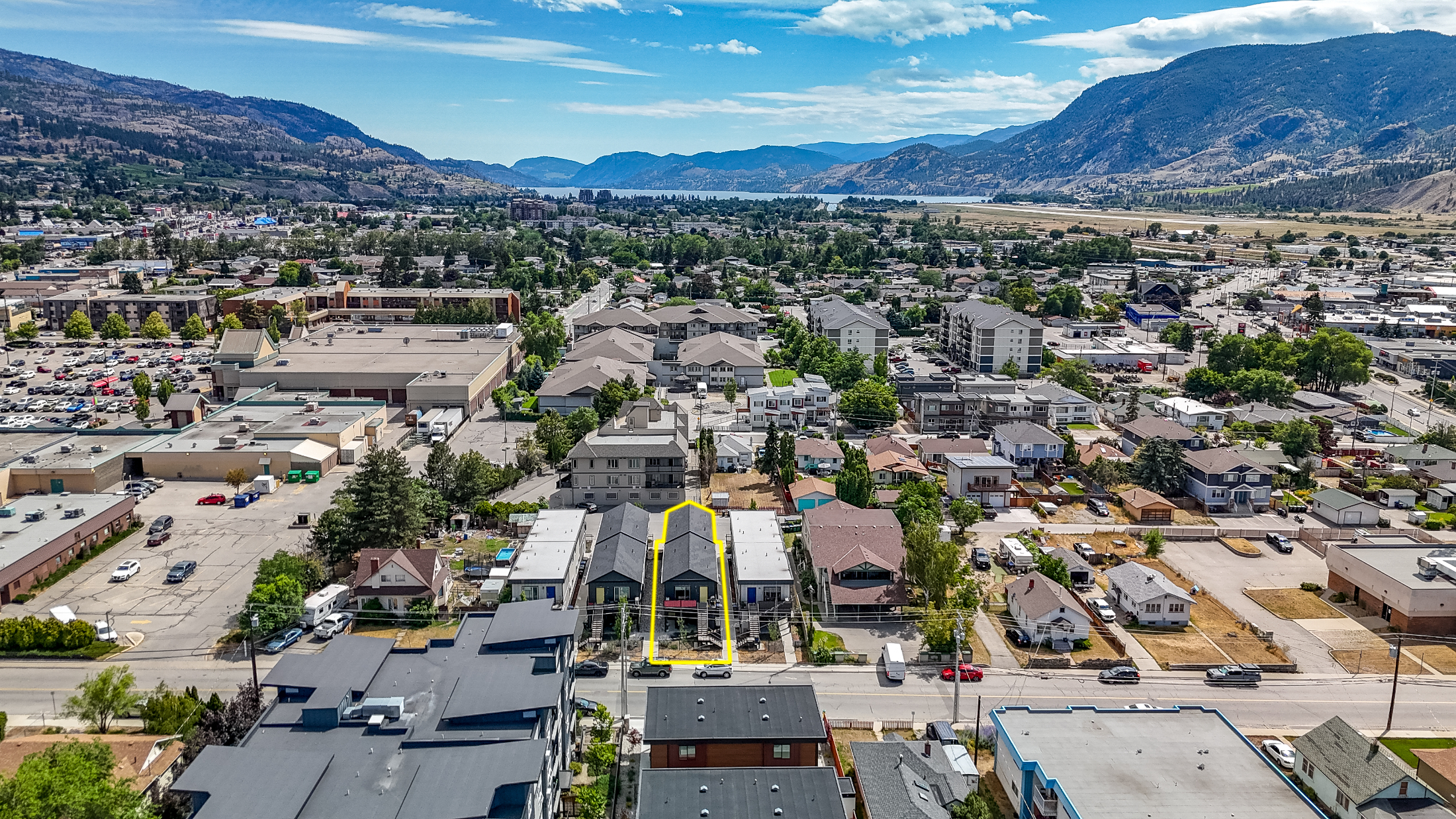 Aerial view of 116 Calgary Avenue Penticton fourplex investment property built in 2018
