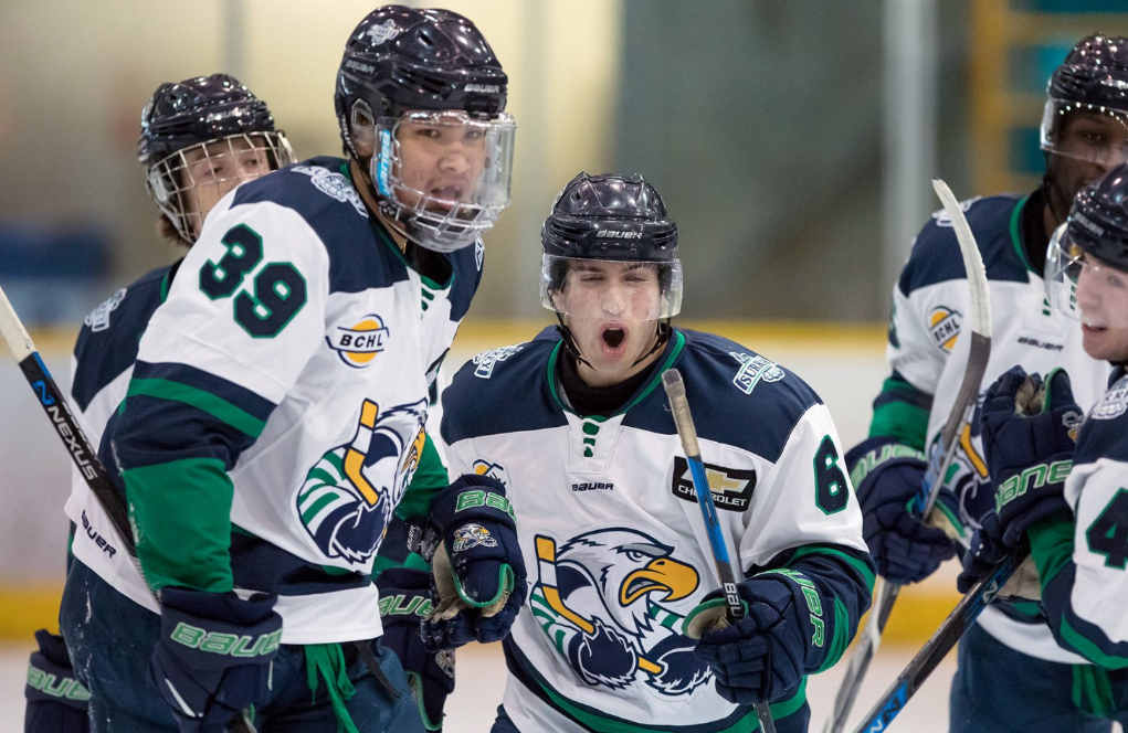 BCHL players cheering after scoring a goal.